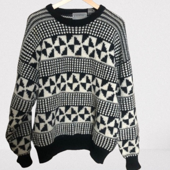 Vintage Britches Black and White Geometric Wool Knit Crewneck Sweater Large - Picture 1 of 11